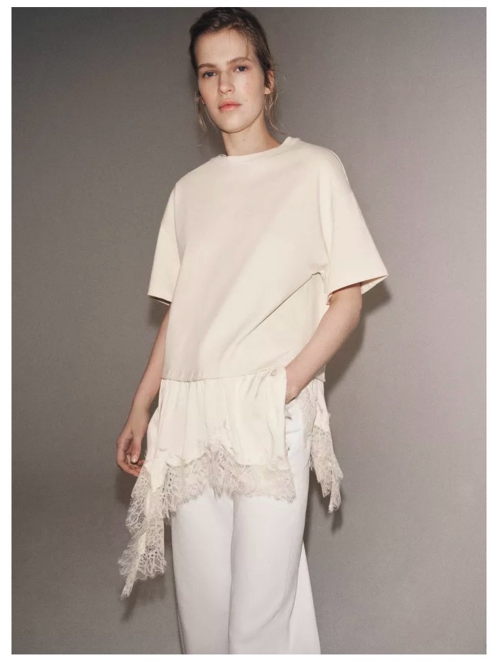 Zara Cream Lace-Trim Tunic Top